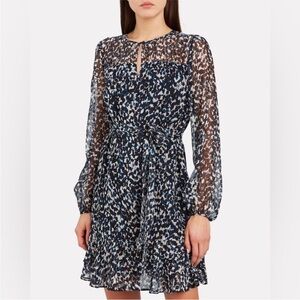 INTERMIX Paige Printed 100% Silk Dress size 10 Black Blue White Long Sleeve Belt